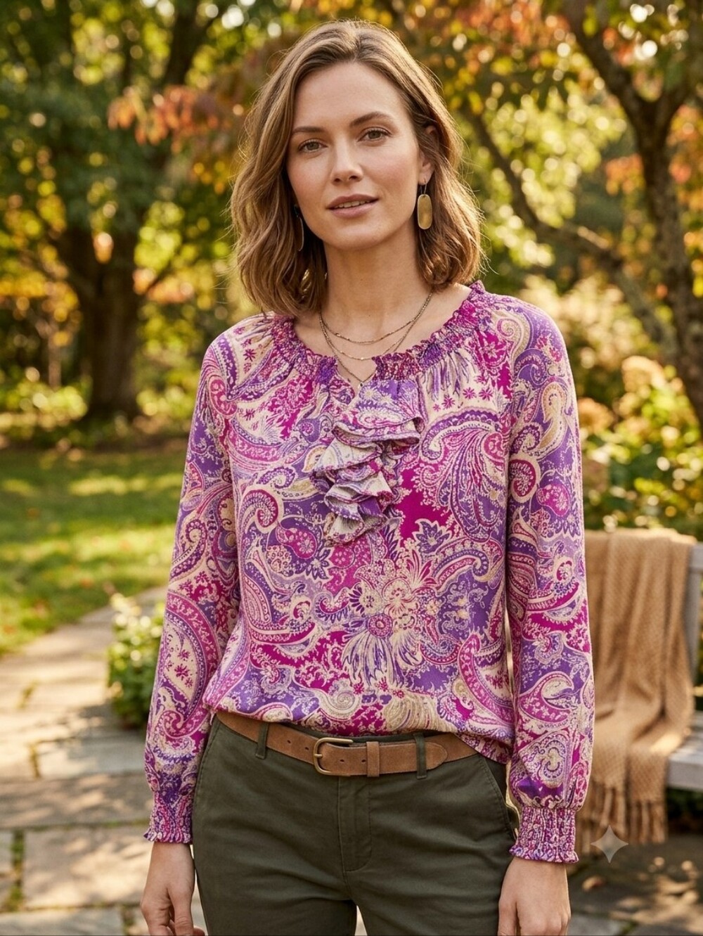 Lauren Ralph Lauren Paisley Ruffle Front Cotton Blouse - Pink/Purple - Size M